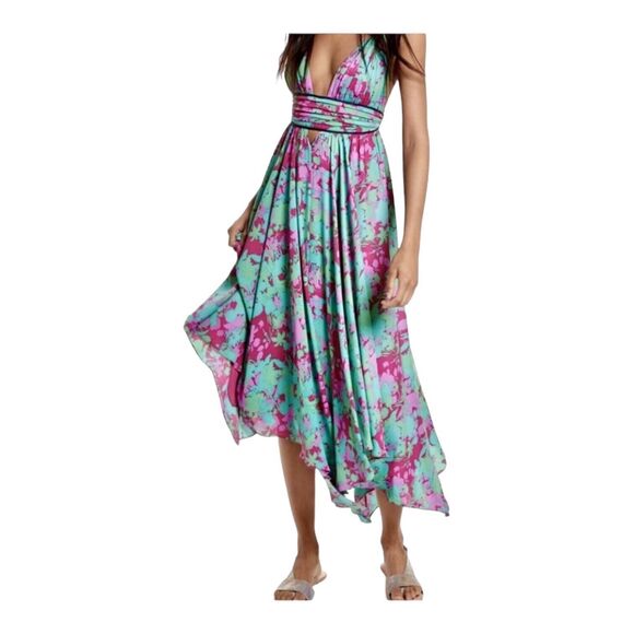 FREE PEOPLE Summer Nights Floral Pink Fuchsia Teal Maxi Dress Size Small - Picture 4 of 16